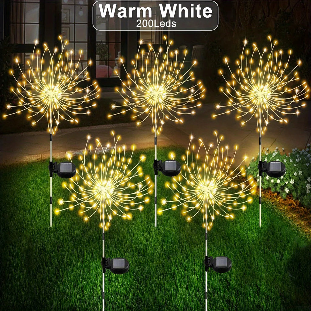 Solar Firework Lights 200 LED Outdoor Garden Decorative Lights Warm White Landscape Stake Lamp