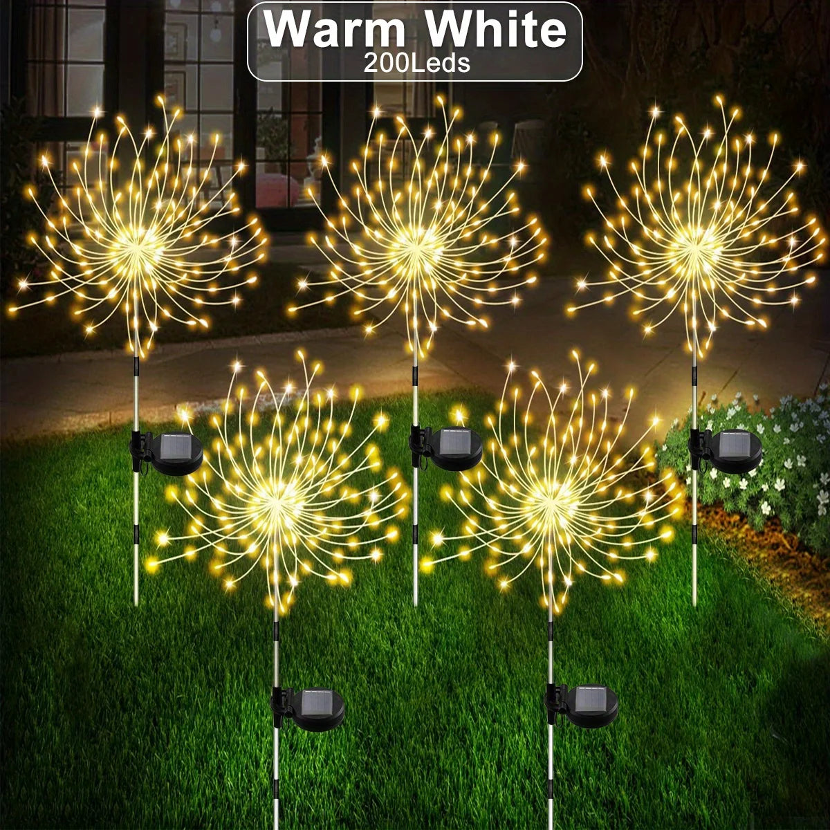 Solar Firework Lights 200 LED Outdoor Garden Decorative Lights Warm White Landscape Stake Lamp