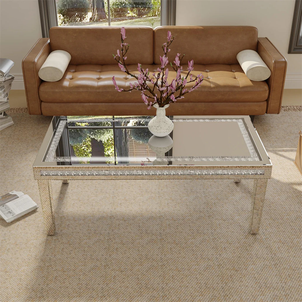 Coffee Table Mirrored Rectangular Crystal Inlay Living Room Table Silver 120x60x45cm