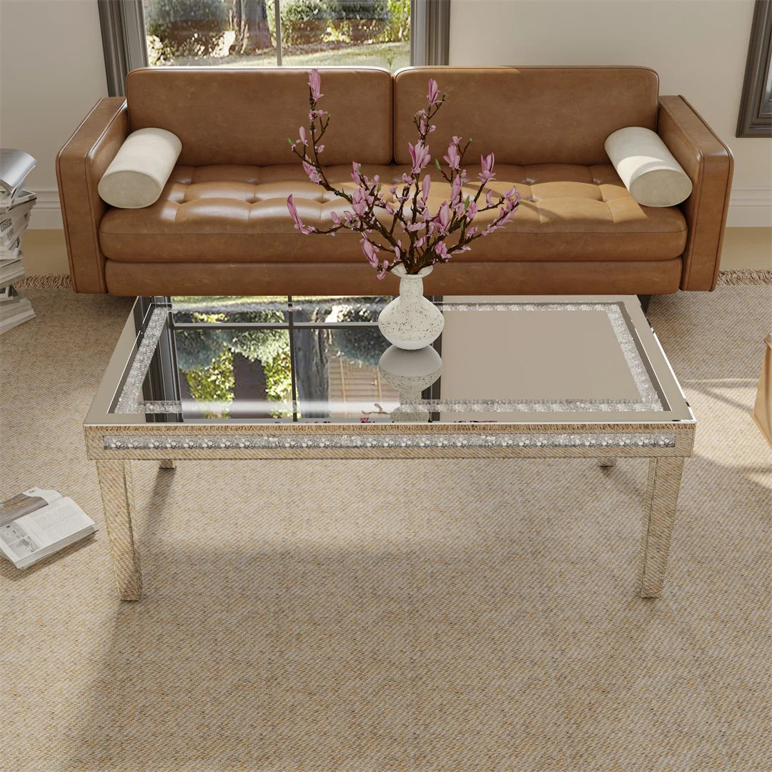 Coffee Table Mirrored Rectangular Crystal Inlay Living Room Table Silver 120x60x45cm