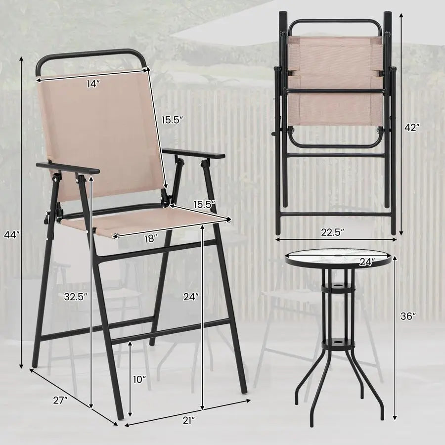 Bistro Set 3-Piece Outdoor Patio Table with 2 Folding Chairs Round Glass Table with Umbrella Hole Beige
