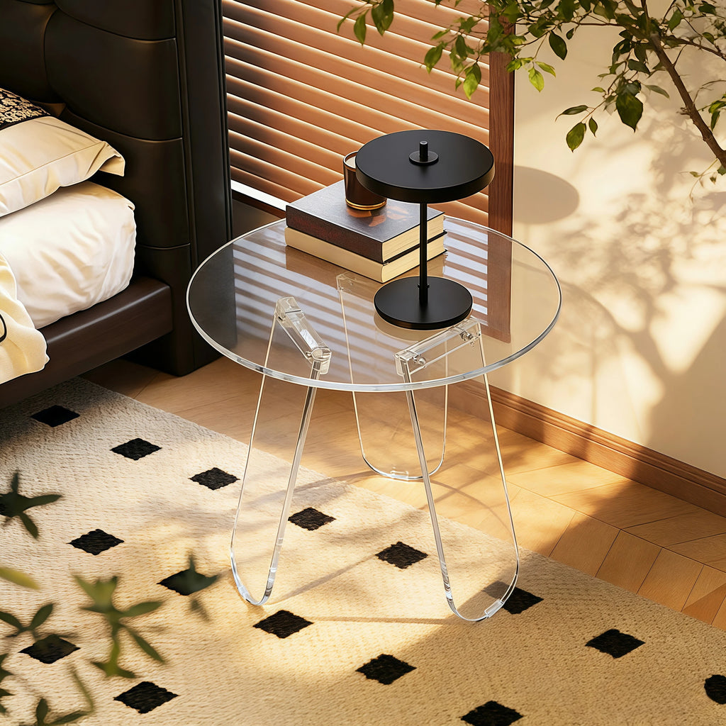 Acrylic Side Table 46x44.5cm Round Clear End Table with Triangle Legs Transparent Living Room Table