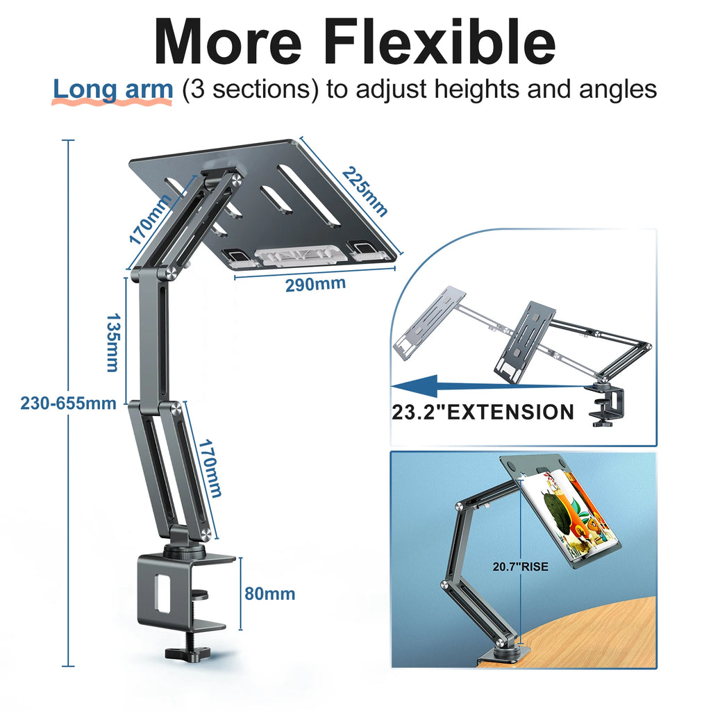 360° Rotating Laptop Tablet Stand Clamp Holder Adjustable Height 3 Joint Desktop Bed Lazy Arm Bracket Support Grey Green