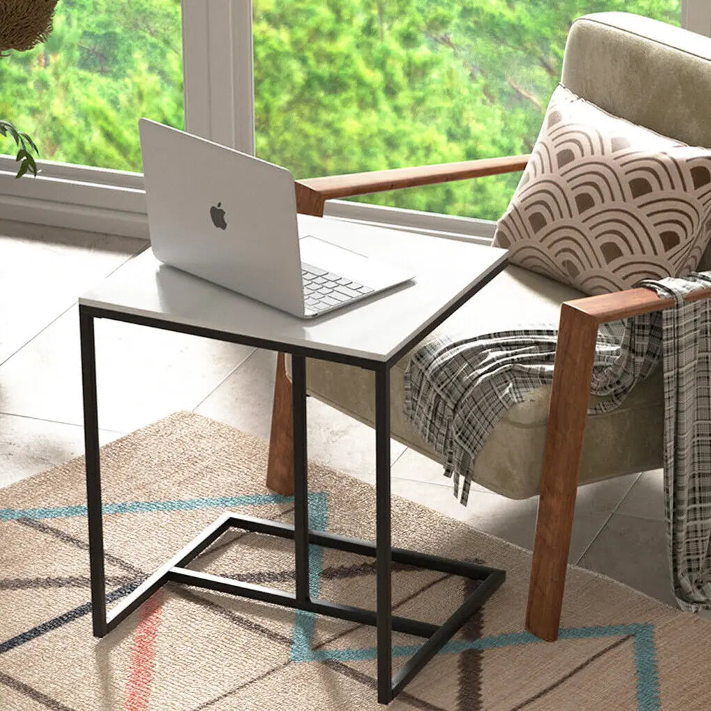 Sofa Side Table C-Shaped Metal Frame Marble Laptop Table Black & White 45x39.5x52.5cm
