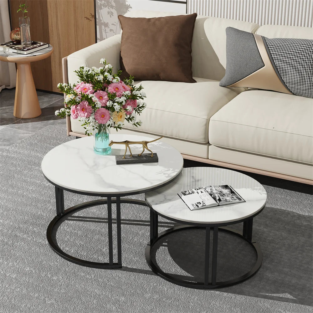 Round Marble Nesting Coffee Table 2 Pack White 70x40cm 57x35cm Space Saving Living Room Side Tables
