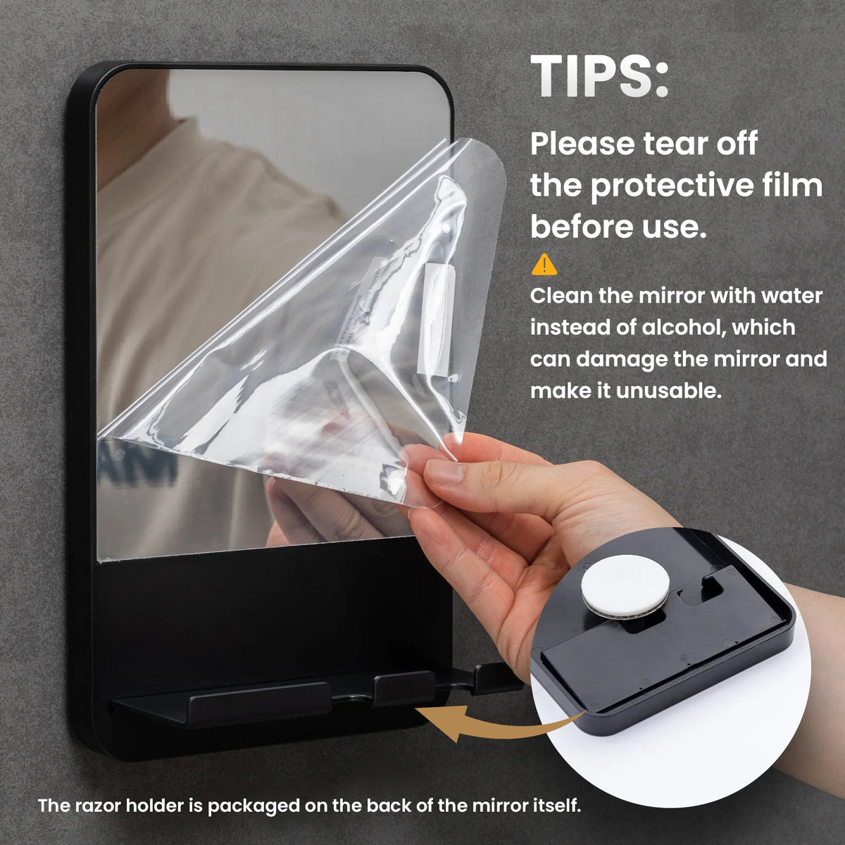 Fogless Shower Mirror for Shaving with Razor Holder Suction Wall Mounted Rust Proof Removable Bathroom Mirror