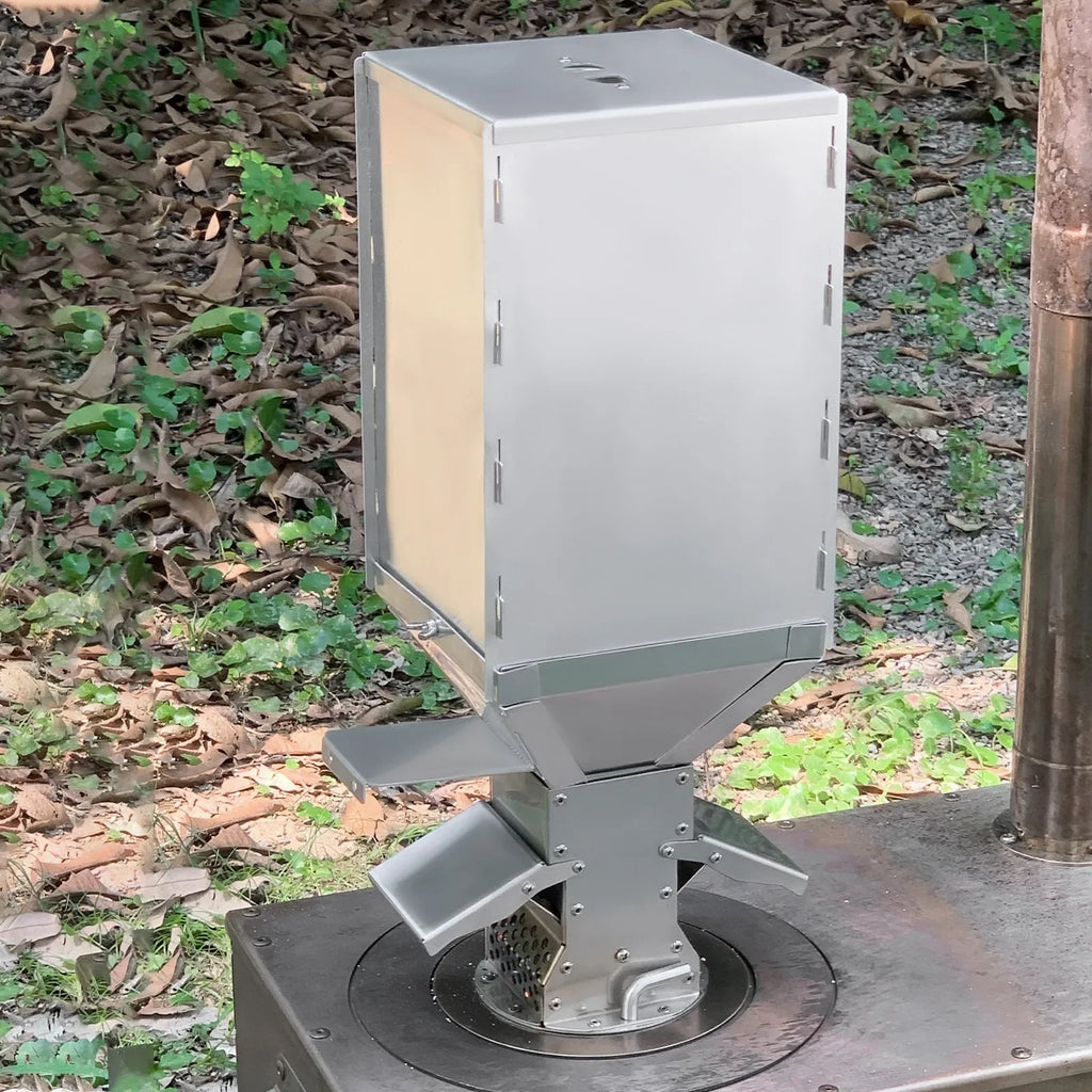 Pellet Hopper Gravity Feed Fuel Storage Bin Stainless Steel 5L Capacity for Pellet Stove Burner Black 16.1 x 16.5 x 46.1cm