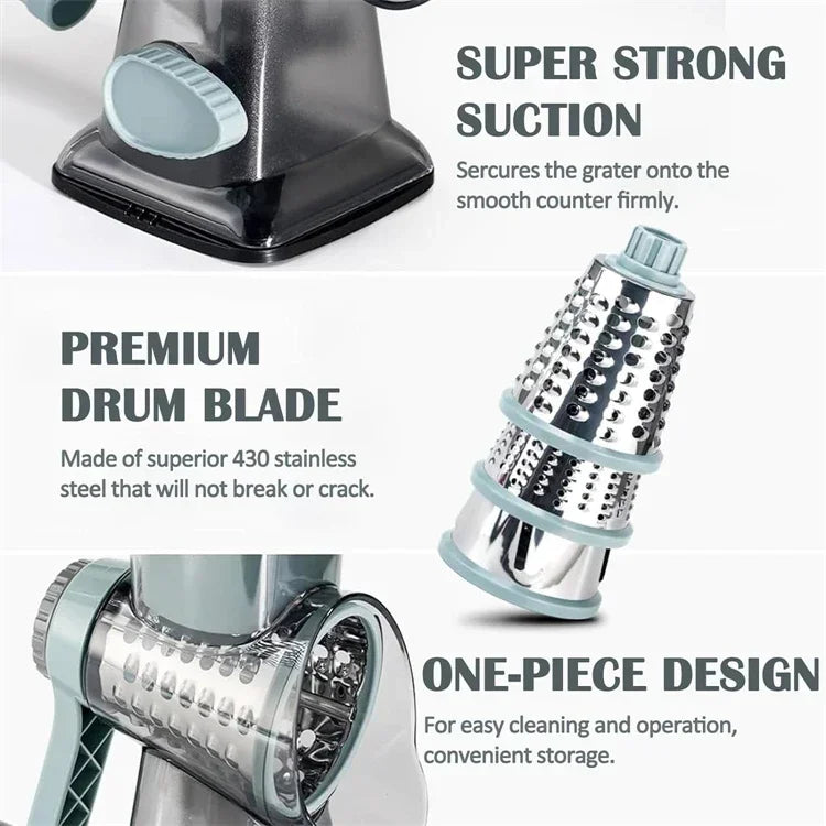 3-in-1 Rotary Cheese Grater Manual Vegetable Slicer Nut Grinder Multifunctional Kitchen Tool Clear 7.6×10.8×23.5cm