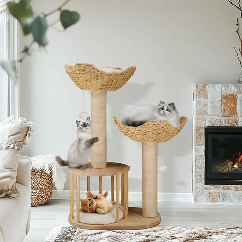 3 Tier Cat Climbing Tree 60x40x99cm Indoor Activity Tower with Scratching Post Wood White Cat Furniture
