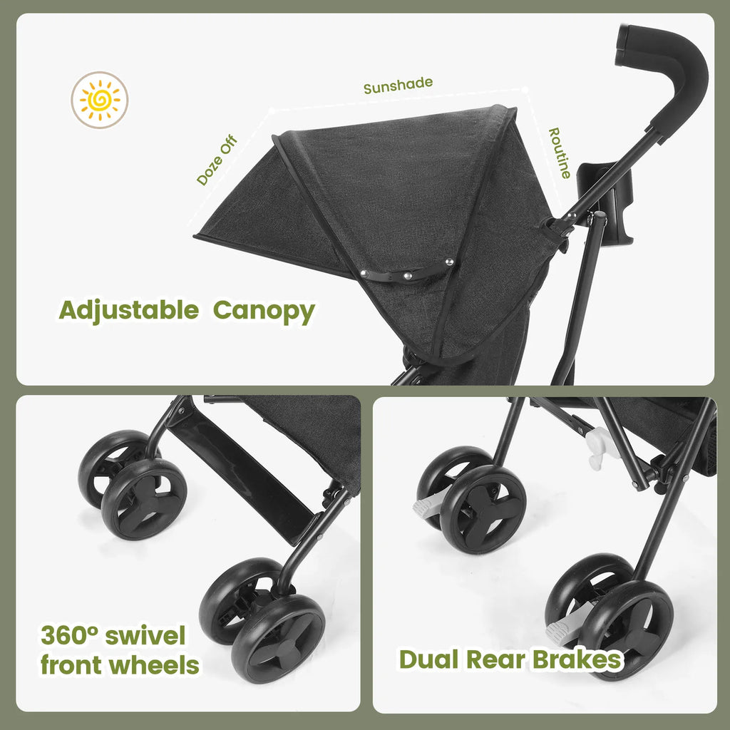Travel Stroller Lightweight Foldable Portable Pushchair with Reclining Seat, Storage Basket and Canopy Black