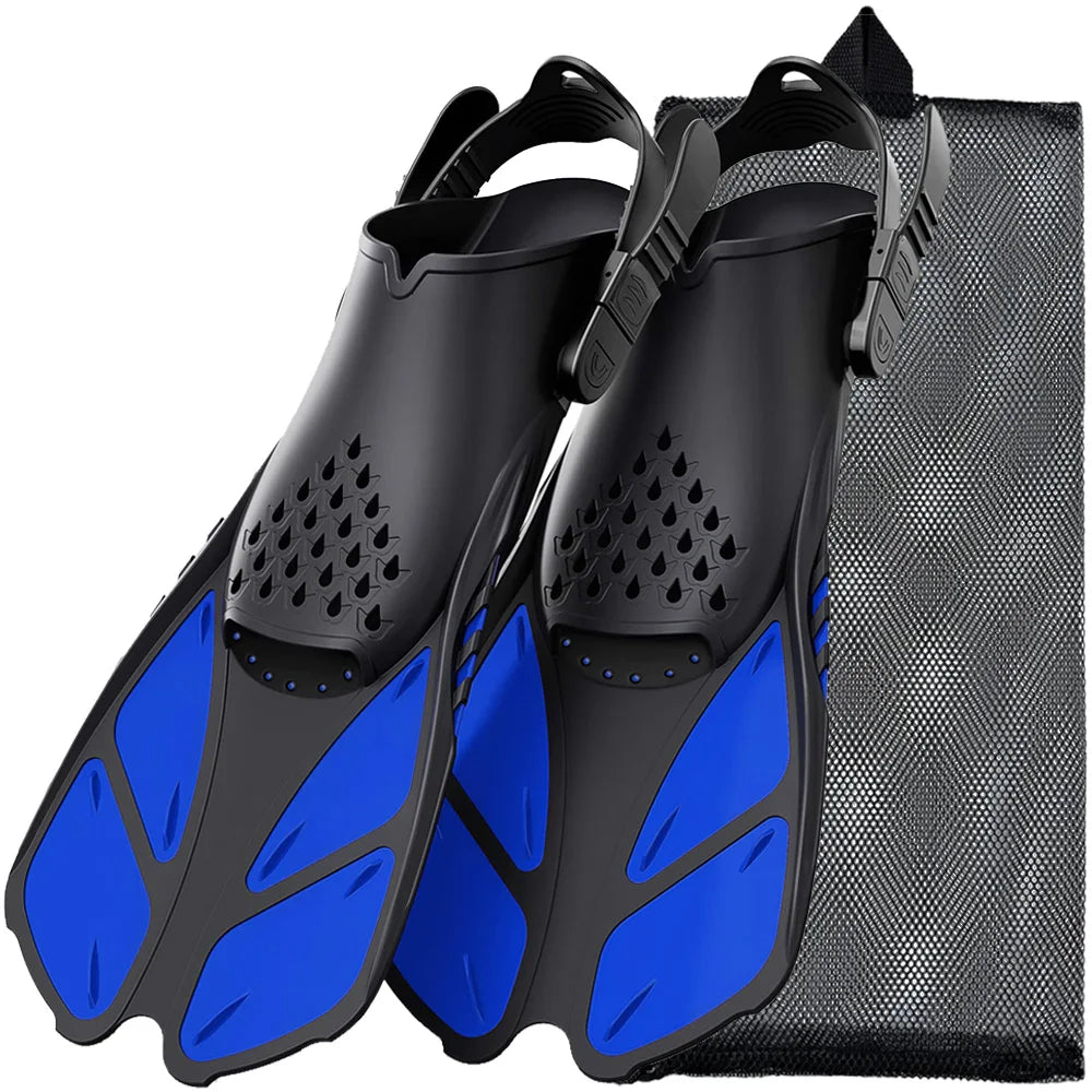 Adjustable Snorkel Fins Short Silicone Swimming Flippers Open Heel Scuba Diving Shoes Adult Men Women Blue