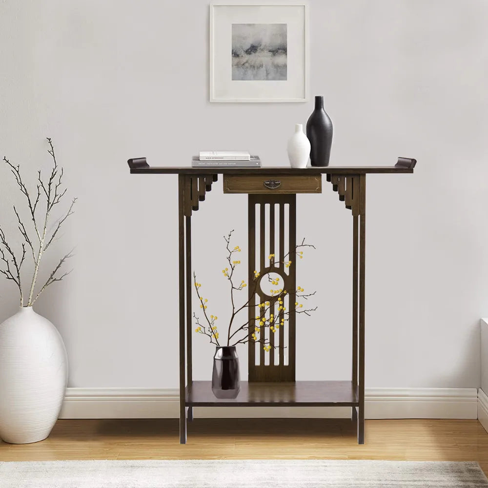 Wood Console Table 81.5x31.2x82.8cm with Drawer and Shelf Brown Entryway Hall Table Living Room
