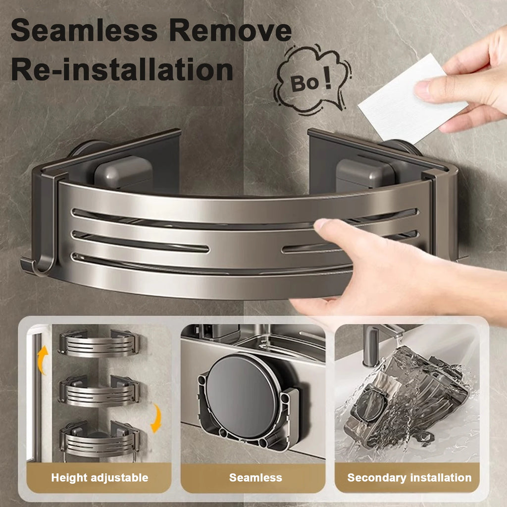 Shower Corner Bathroom Shelf with Towel Holder Hooks Suction Cup Wall Mounted Space Aluminium Rack Grey 30 × 22 × 6.8cm