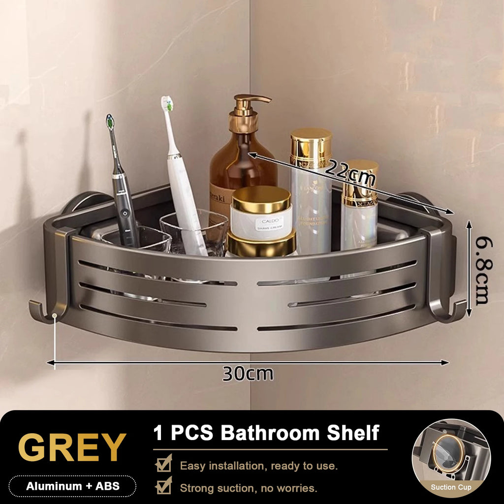 Shower Corner Bathroom Shelf with Towel Holder Hooks Suction Cup Wall Mounted Space Aluminium Rack Grey 30 × 22 × 6.8cm