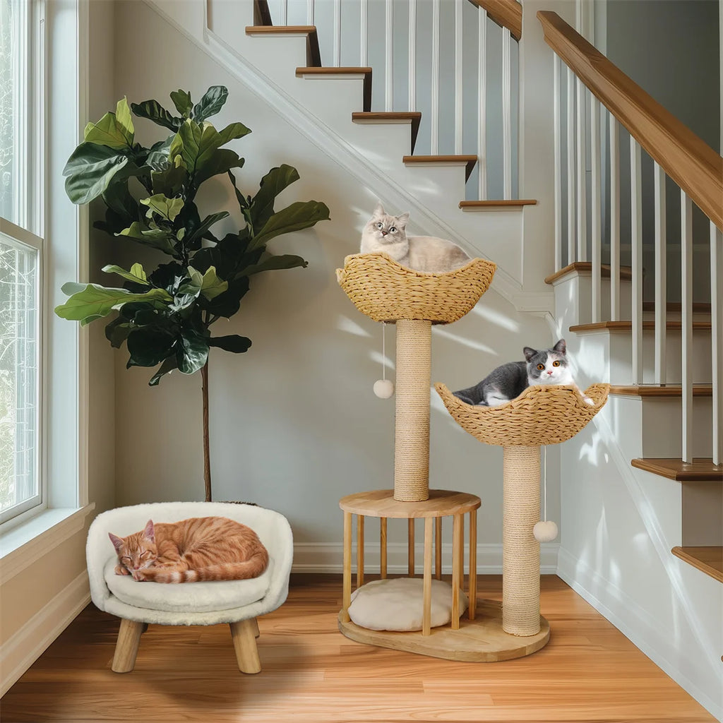 3 Tier Cat Climbing Tree 60x40x99cm Indoor Activity Tower with Scratching Post Wood White Cat Furniture