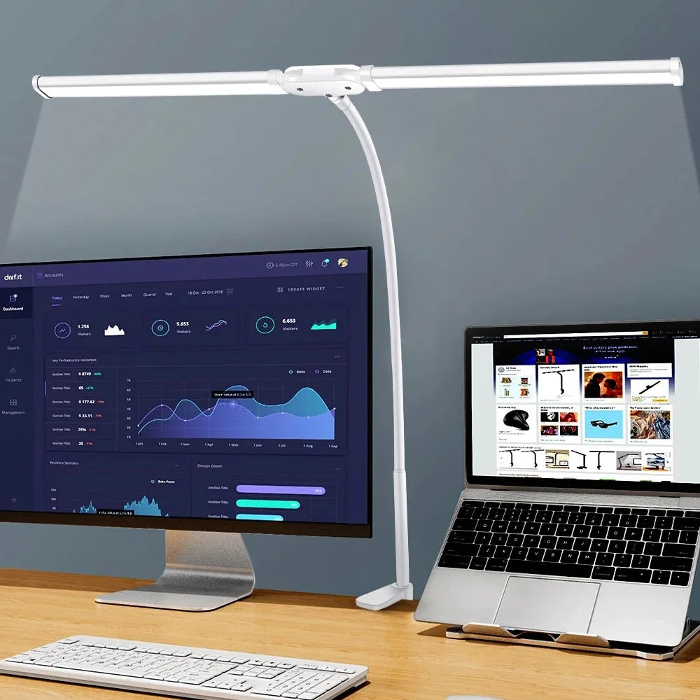 LED Desk Lamp Double Head Architect Office Light Eye Caring Stepless Dimmable Adjustable Gooseneck Study Work Lamp White