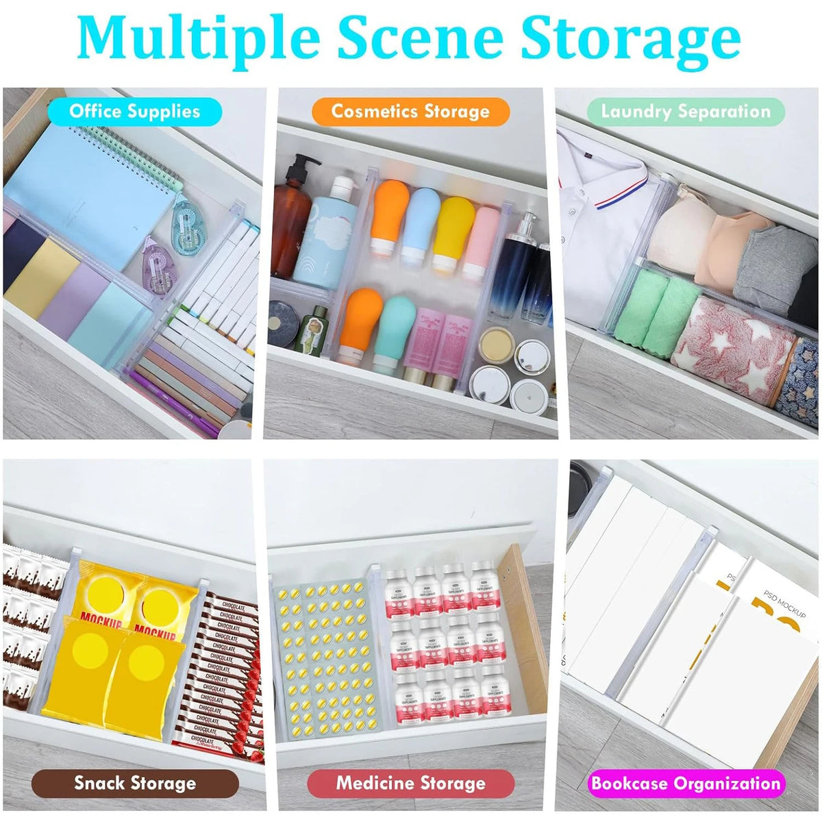 10-Pack Adjustable Drawer Organizers Clear Expandable Storage Dividers for Clothes Kitchen Utensils Dresser Organizer 28.7-50.5cm