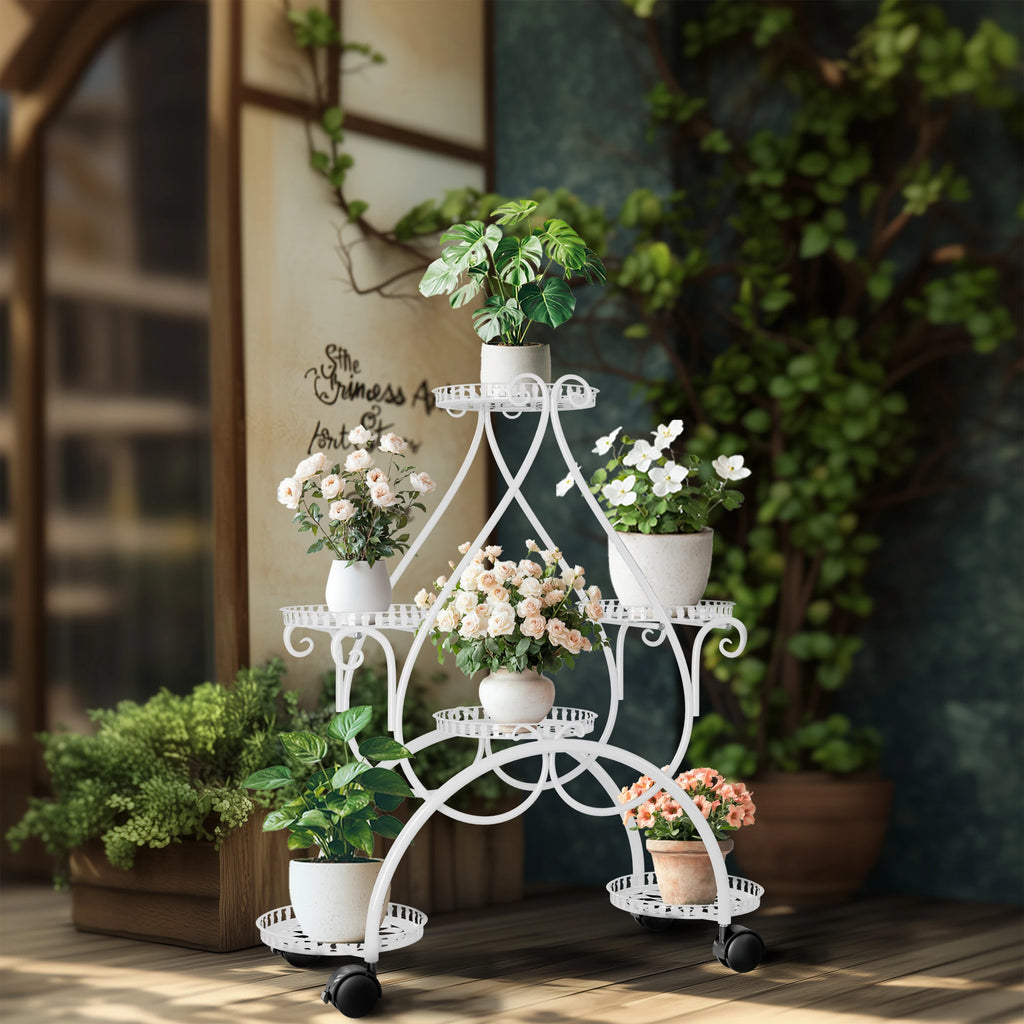 Plant Stand 6 Tier Metal Flower Pot Display Rack with Rolling Wheels Indoor Outdoor Plant Shelf White 73.5x30.5x84.5cm