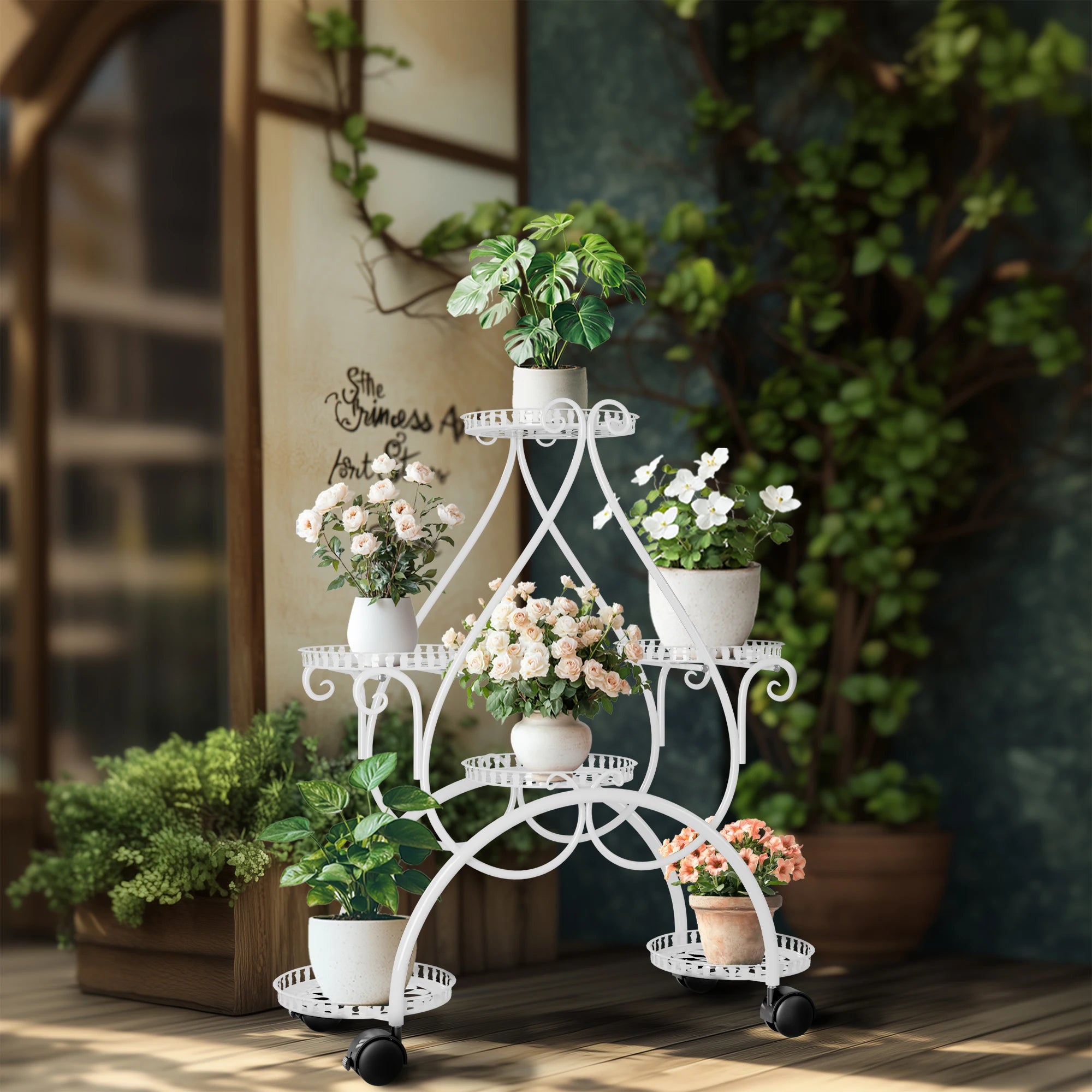 Plant Stand 6 Tier Metal Flower Pot Display Rack with Rolling Wheels Indoor Outdoor Plant Shelf White 73.5x30.5x84.5cm