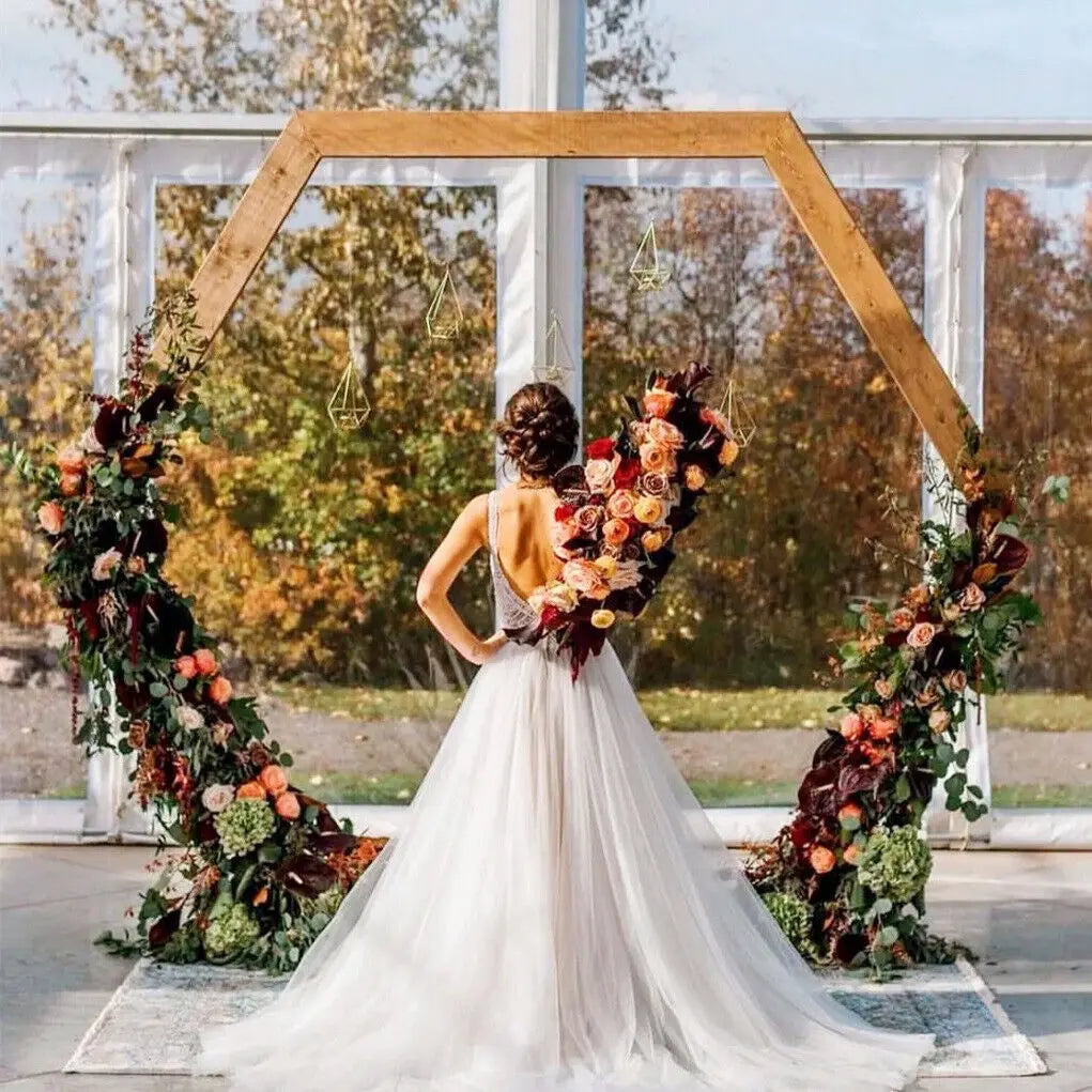 Wedding Arch Frame Hexagon Stand Natural Wood Heavy Duty Ceremony and Photo Backdrop Natural 245x210cm