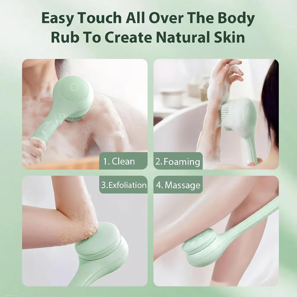 Electric Body Brush Shower Back Scrubber Type C Rechargeable Long Handle Bath Brush 4 Replaceable Heads Hook Green