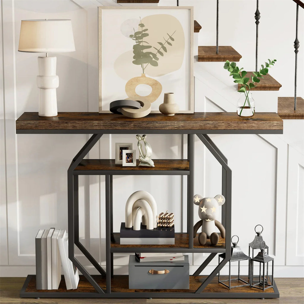 Console Table with Storage Shelf Entryway Sofa Table Narrow Hall Table Modern Living Room Furniture Design Rustic Brown 120x30x81.5cm