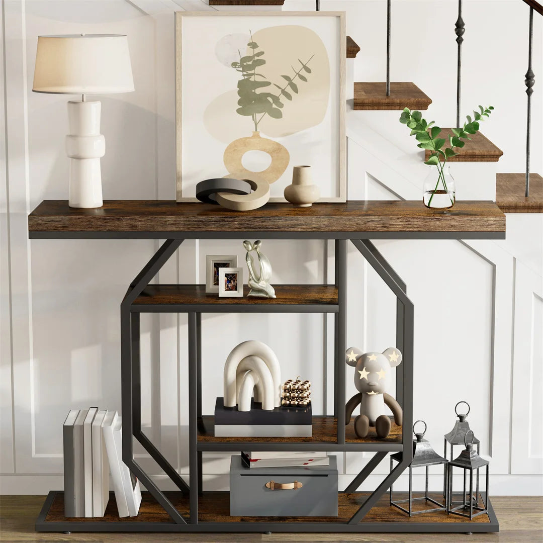 Console Table with Storage Shelf Entryway Sofa Table Narrow Hall Table Modern Living Room Furniture Design Rustic Brown 120x30x81.5cm