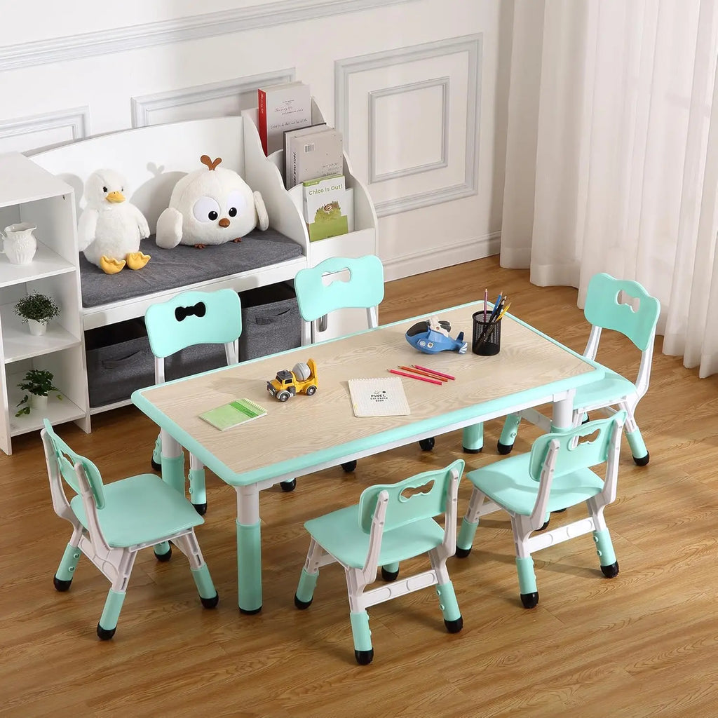 Activity Table and 6 Chairs Set Height Adjustable Study Desk with Graffiti Desktop Non Slip Legs Mint Green White