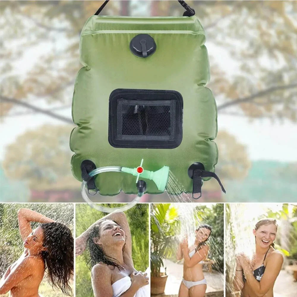 20L Solar Shower Bag Portable Camping Shower with Detachable Hose Shower Head Outdoor Hot Water Equipment Green 50 × 47cm