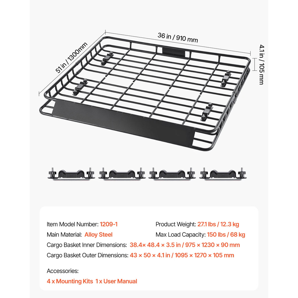 Universal Roof Rack Basket Cargo Carrier Anti Rust Alloy Steel Rooftop Luggage Holder SUV Truck Storage Rack 130×91×10.5cm