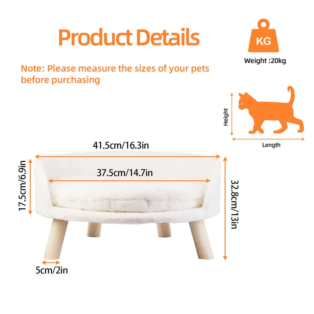 Cat Bed Plush Pet Chair Stool with Cushion and Wood Legs White 41.5x32.8cm