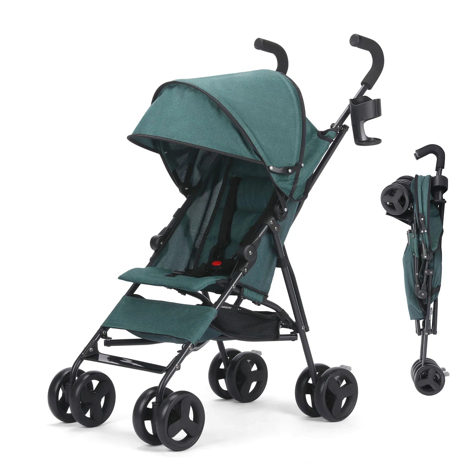 Travel Stroller Lightweight Foldable Portable Pushchair with Reclining Seat, Storage Basket and Canopy Green