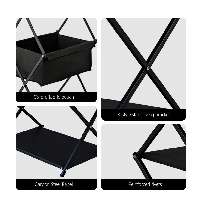 3 Layer Folding Camping Storage Rack Outdoor BBQ Shelf Multifunctional Portable Organiser Stand Black 31 × 42 × 79cm
