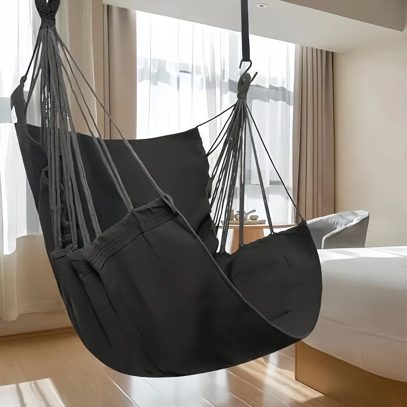 Hammock Chair Outdoor Swing Seat Portable Fabric Hanging Chair with Storage Bag Anti Rollover Design Black 130x100cm