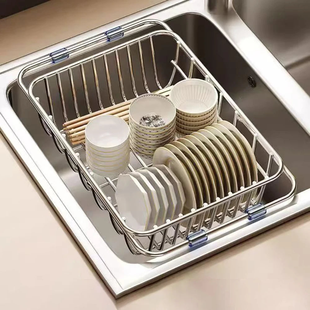 Stainless Steel Telescopic Sink Drain Rack Non Slip Dish Drying Kitchen Bathroom Countertop Organizer Adjustable 34-45×24.5×10.5cm