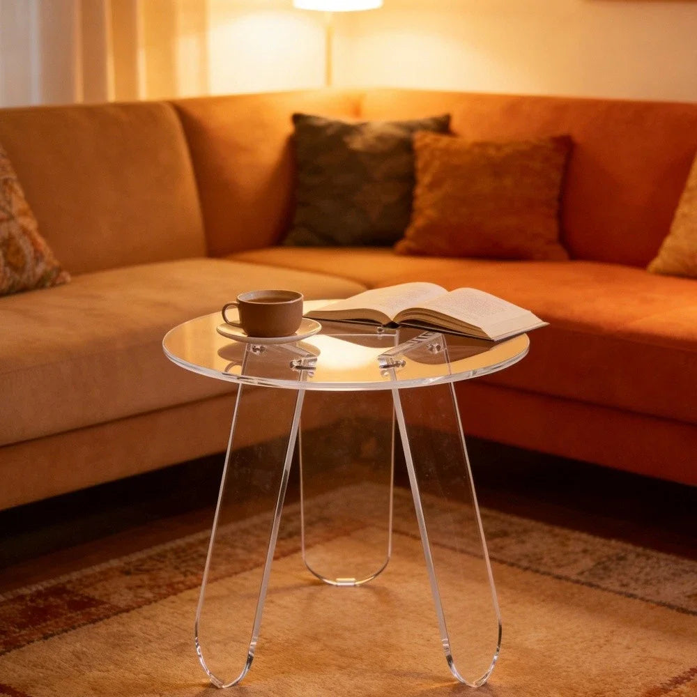 Acrylic Side Table 46x44.5cm Round Clear End Table with Triangle Legs Transparent Living Room Table