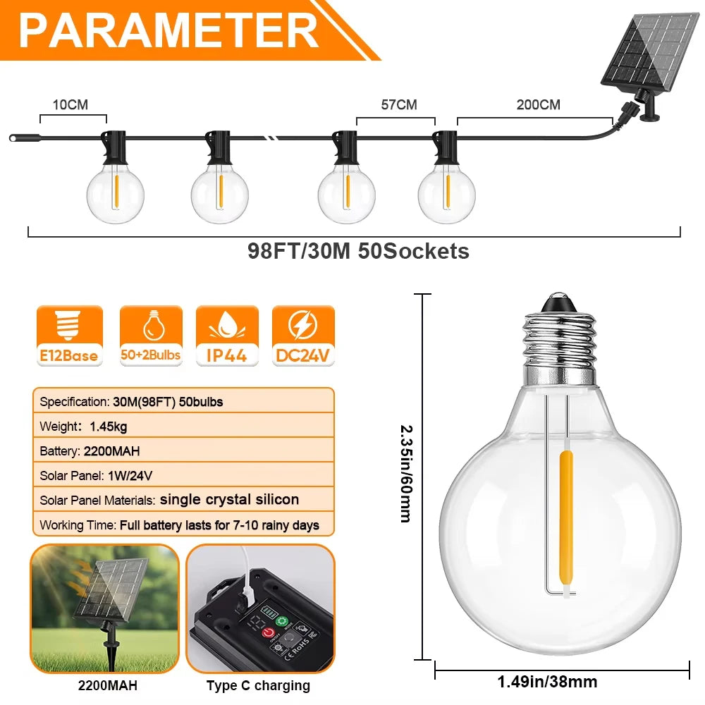 Outdoor Solar String Lights LED Globe Garland Waterproof Garden Hanging Lights for Patio Backyard Cafe 30m 50 Bulbs