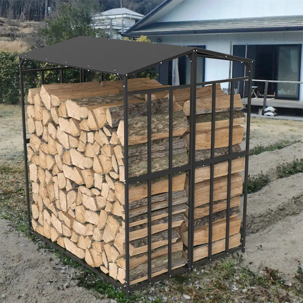 Firewood Rack Heavy Duty Metal Log Storage Outdoor Wood Holder 156.5x60x176.5cm Black