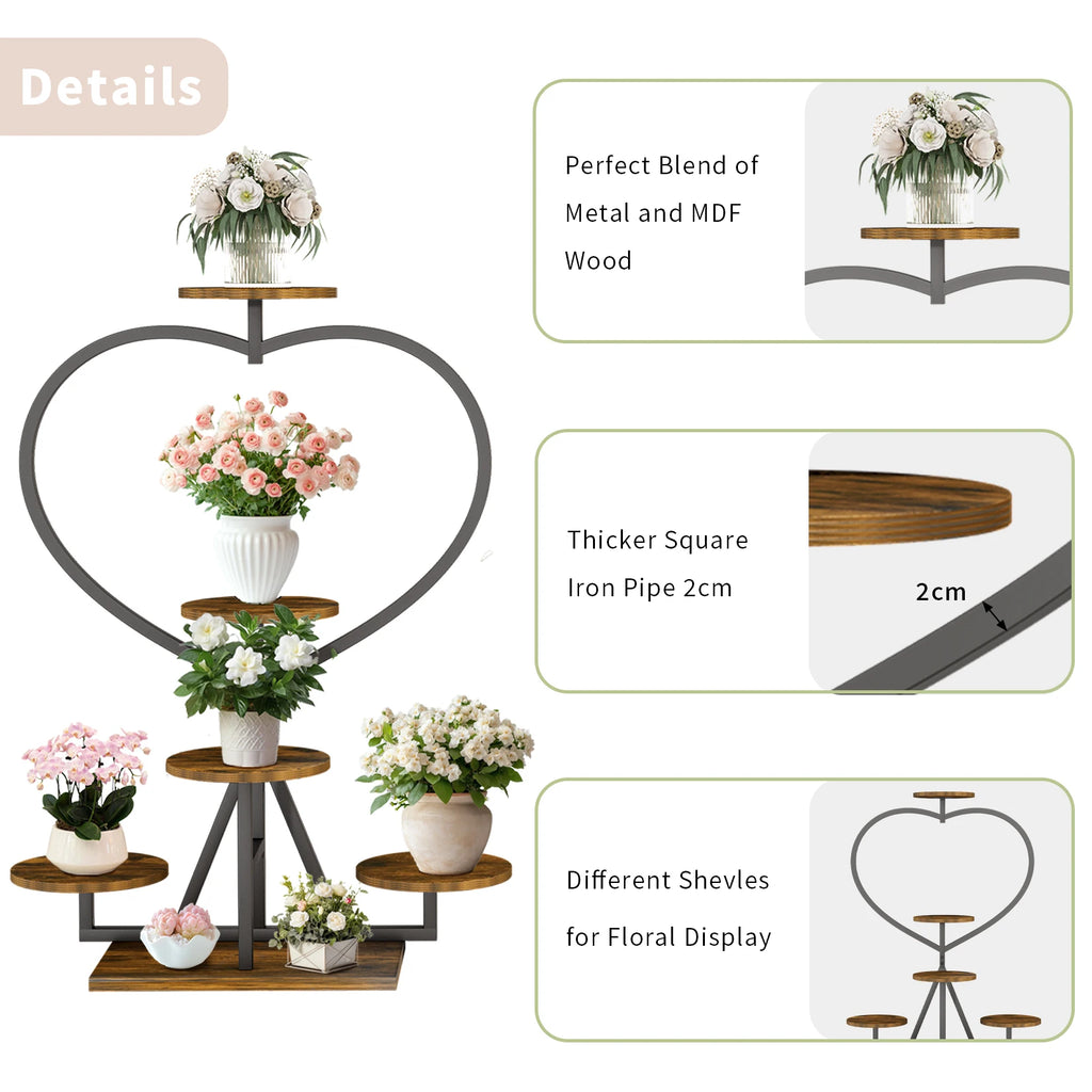 Flower Display Rack Multi-Layer Heart-Shaped Plant Stand Indoor/Outdoor Floral Stand Suitable for Living Room and Balcony Black & Brown 45x24x105cm