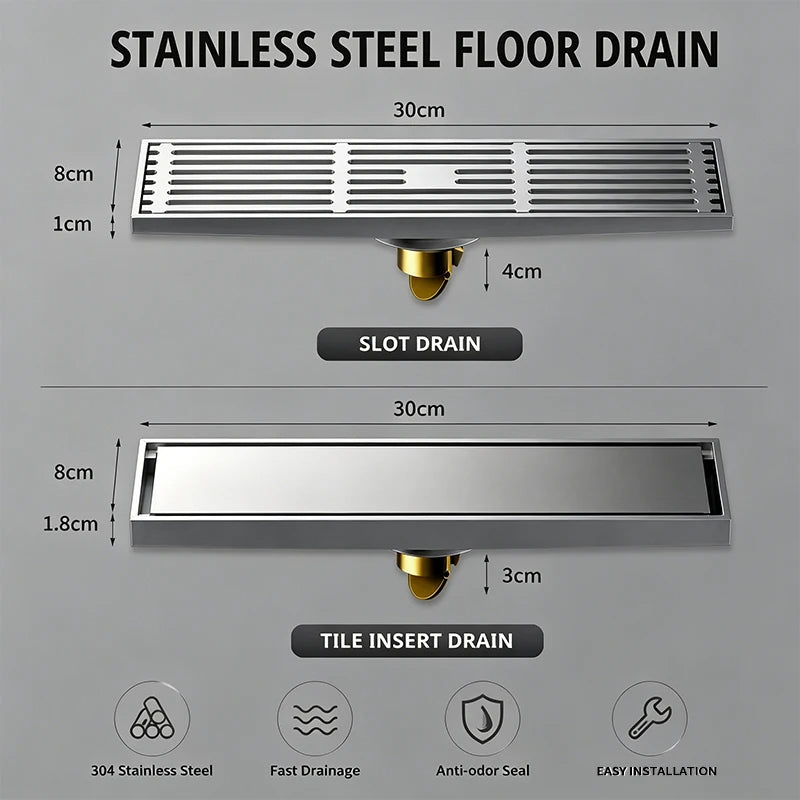 30 × 8cm Stainless Steel Linear Floor Drain Invisible Tile Insert Shower Waste Grate Anti Odor Hair Strainer Bathroom