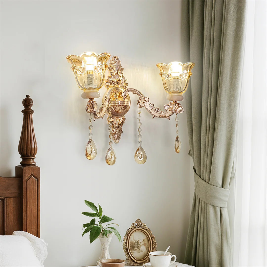 Antique Crystal Glass Wall Lamp Brass Gold Wall Sconce Light with Flower Lampshade for Entrance Bedroom Hallway Decorative Amber 52x32cm