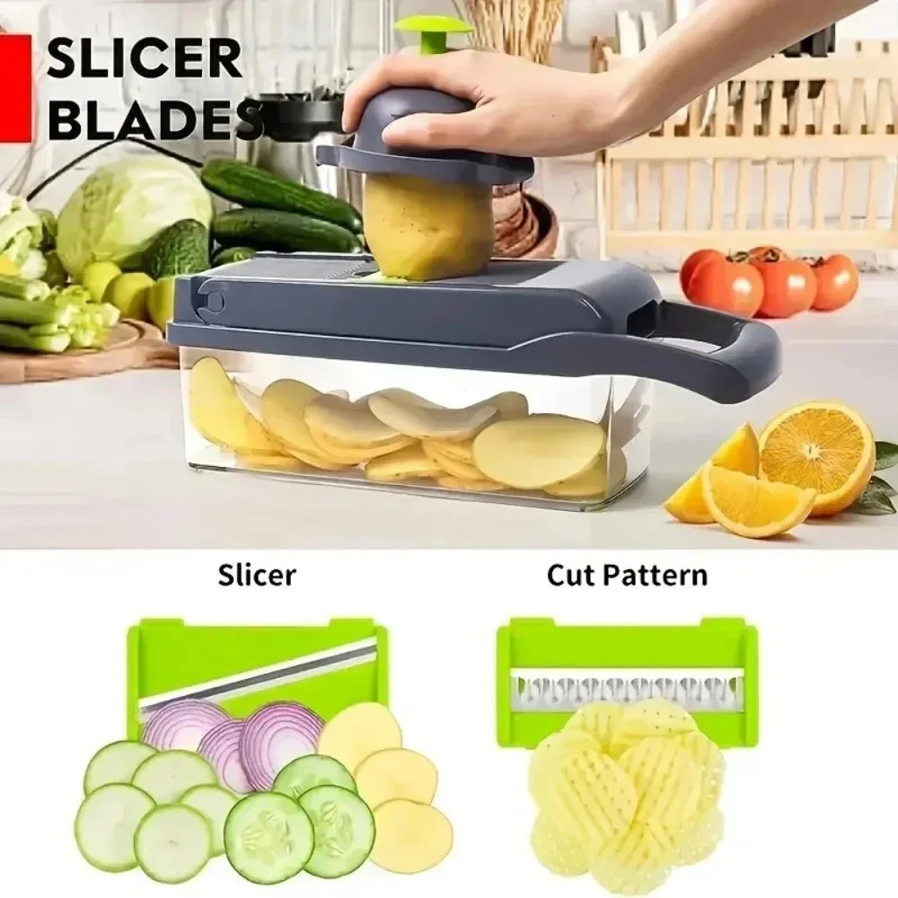16 in 1 Vegetable Chopper Food Slicer Dicer Grater Multifunctional Kitchen Cutter with Handle Manual Processor Grey 28 × 10 × 11cm