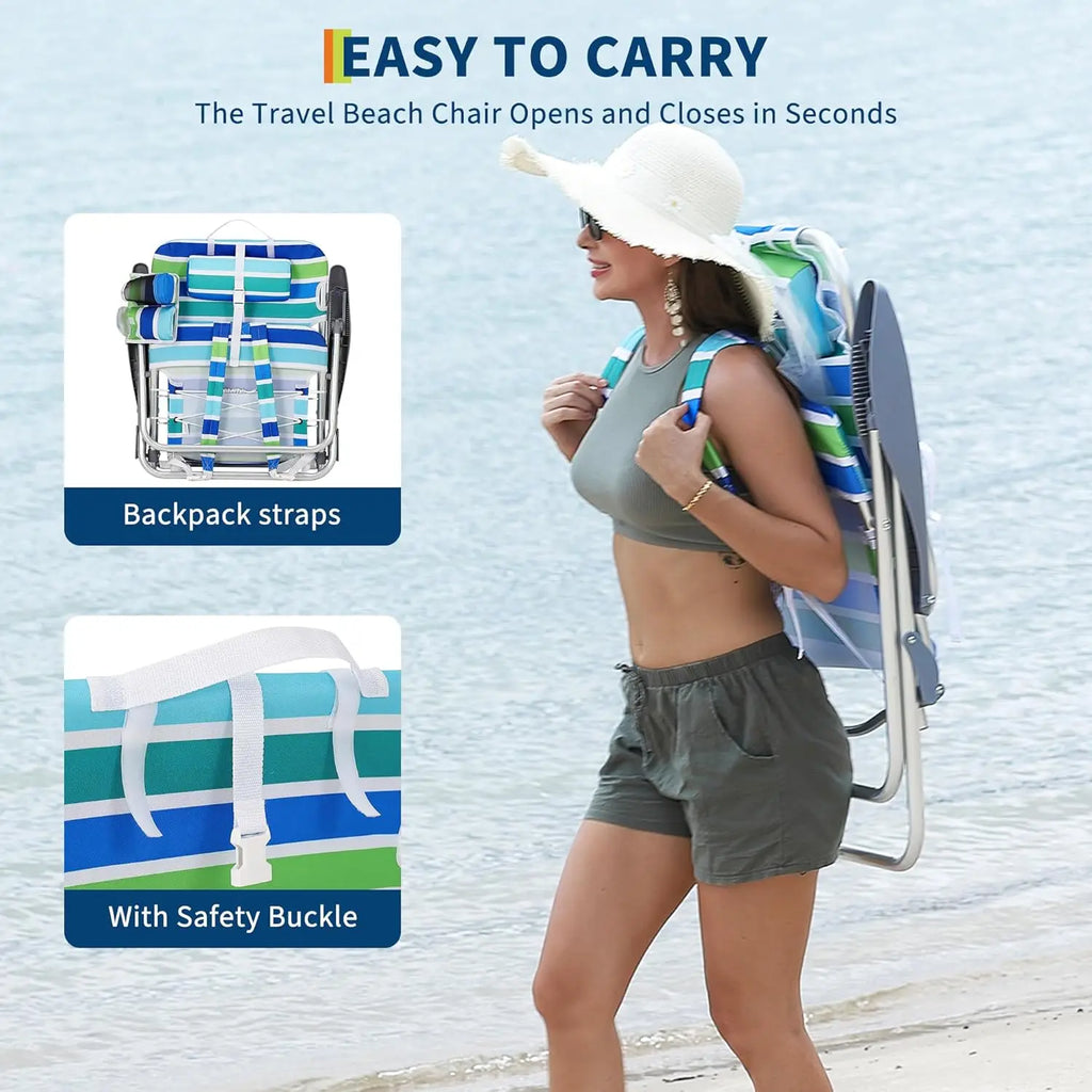 Beach Chair With Pillow Portable Folding Backpack Chair for Adults 5 Reclining Positions, Cup Holder 136kg Capacity Blue and Green Stripe 50x62x90cm