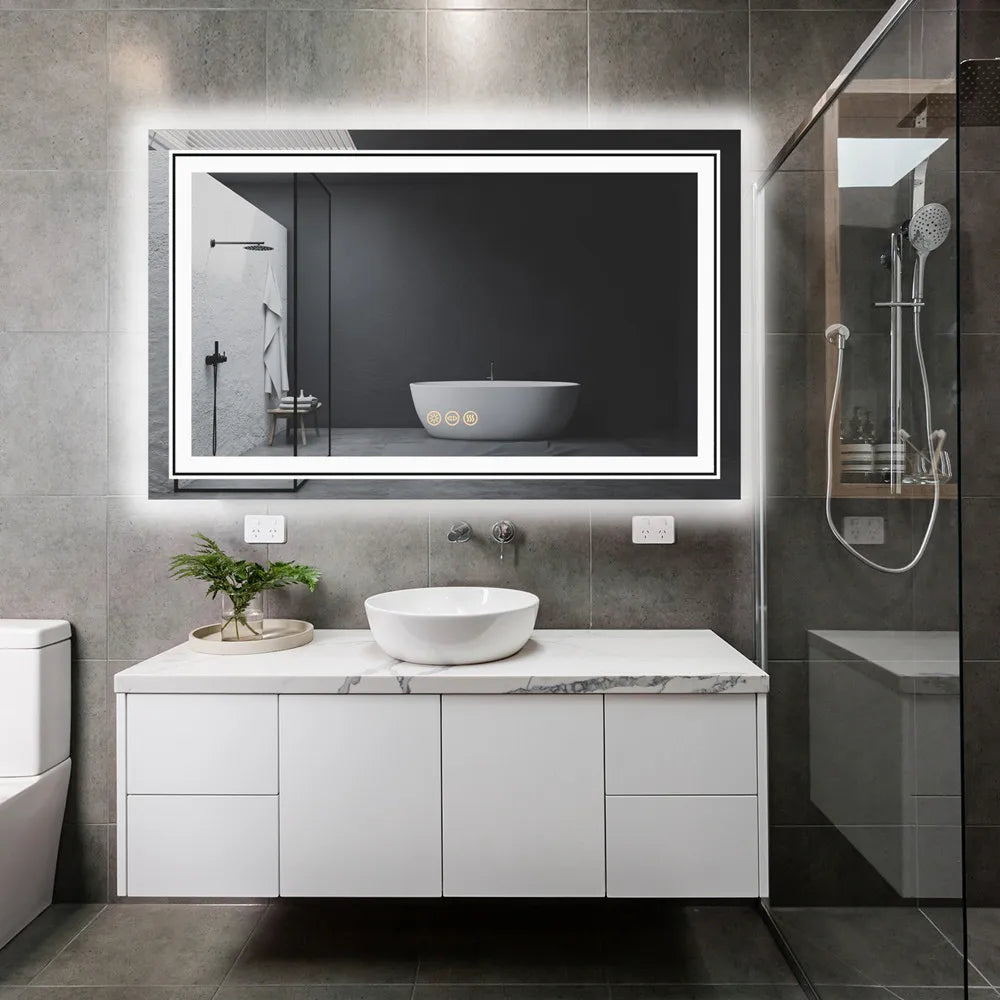 LED Bathroom Mirror Round Touch Screen Waterproof Anti Fog Vanity Mirror Wall Mounted for Wash Basin Shower Grooming 100x60cm