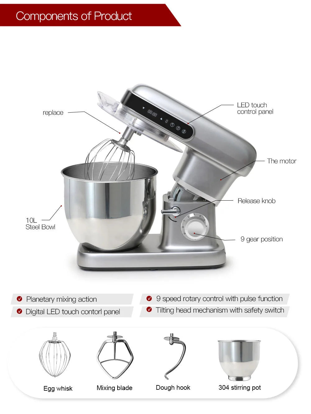10L Large Capacity Stand Mixer Kneading Machine Food Mixer Baking Dough Mixer Light Grey Kitchen Appliance AU