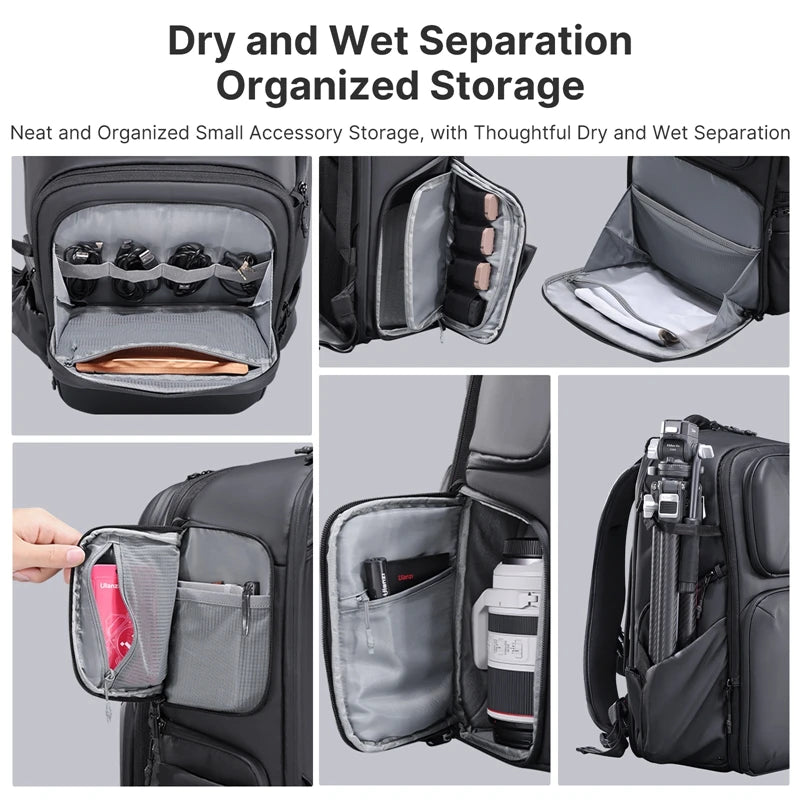 Hardshell Camera Backpack 35L Large Capacity Splash Resistant Travel Photography Bag with Laptop Storage Black