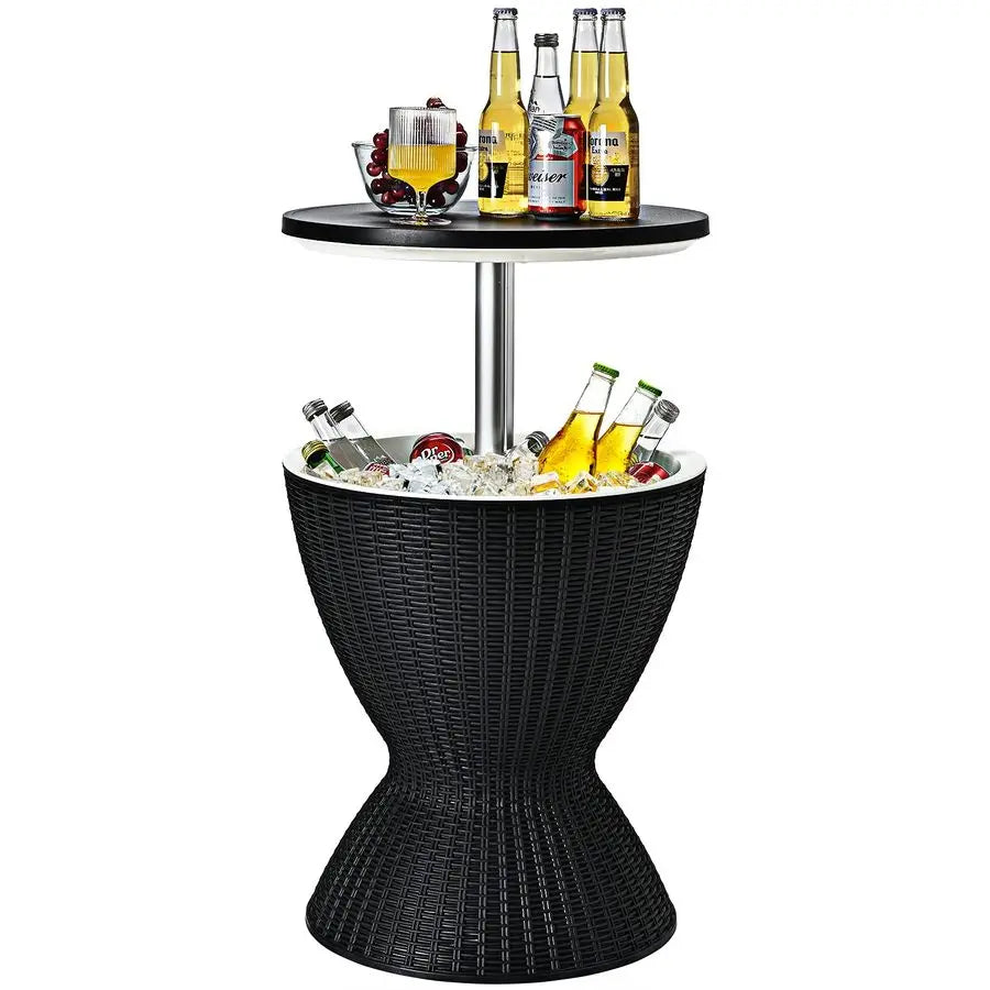 Bar Table Cooler 30L Ice Cooler Table Rattan Style Patio Bar Height Adjustable With Drainage Black 48x48x57/83cm Adjustable