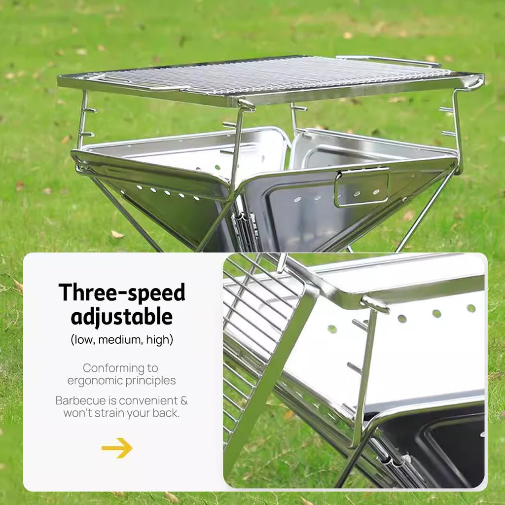 Fire Pit BBQ Grill Portable 2-in-1 Stainless Steel Charcoal Smoker Stove for Camping Outdoor Cooking 42x35x34cm