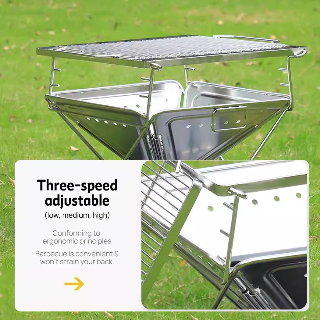 Fire Pit BBQ Grill Portable 2-in-1 Stainless Steel Charcoal Smoker Stove for Camping Outdoor Cooking 42x35x34cm