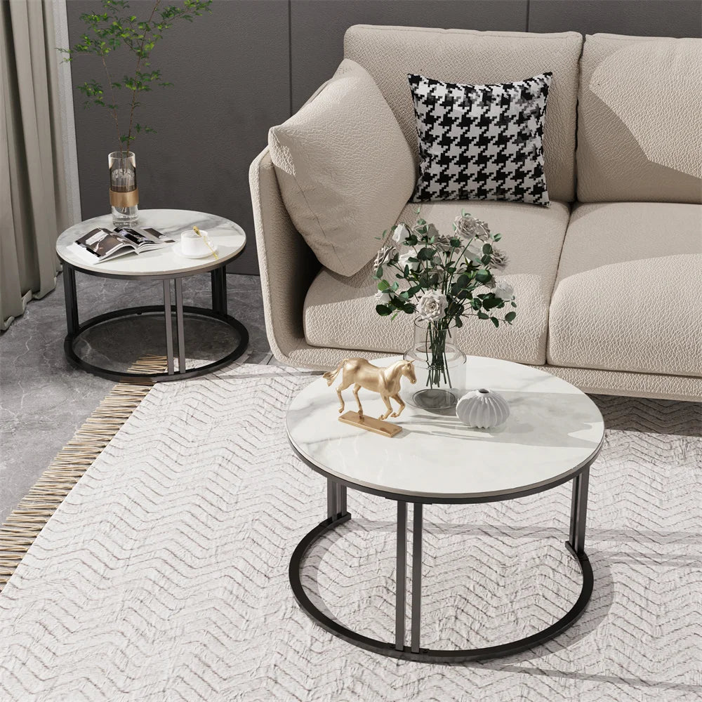 Round Marble Nesting Coffee Table 2 Pack White 70x40cm 57x35cm Space Saving Living Room Side Tables